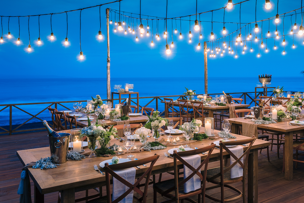 Bali destination wedding reception dinner set up on The Wedding Deck