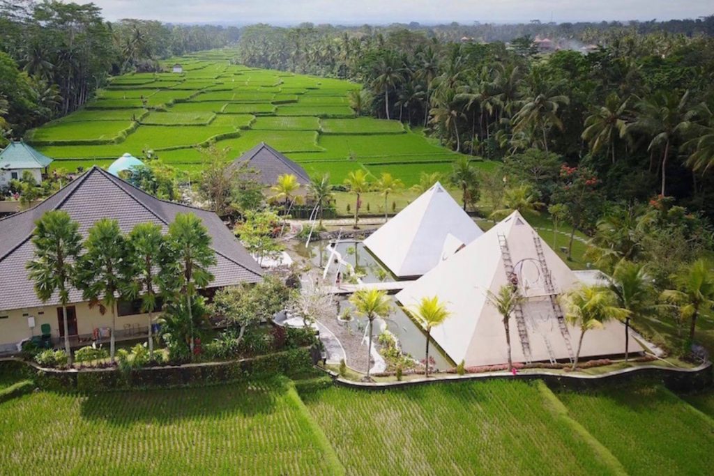 Drone image over the Pyramid of Chi and rice paddy landscape