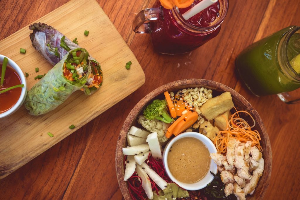 healthy juices, rice paper rolls and health bowl