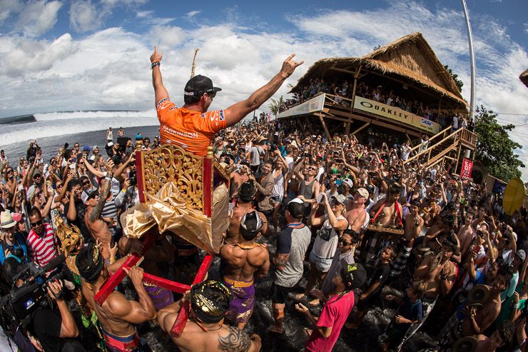 World champion Joel Parkinson chaired through the crowd Balinese-style after winning the 2013 Oakley Pro at Keramas