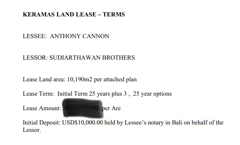 Copy of the simple one-page land agreement signed in August 2008 between Tony Cannon and the six Budi brothers of Keramas village