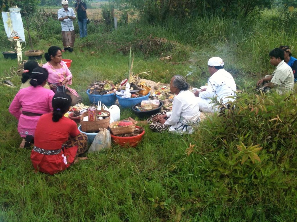 Balinese villagers in traditional dress preparing ceremonial offerings in a field near the Keramas temple grounds