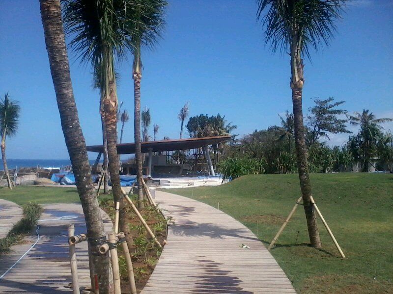Timber boardwalk and newly planted coconut palms during construction of the Hotel Komune beach club, Keramas, 2012