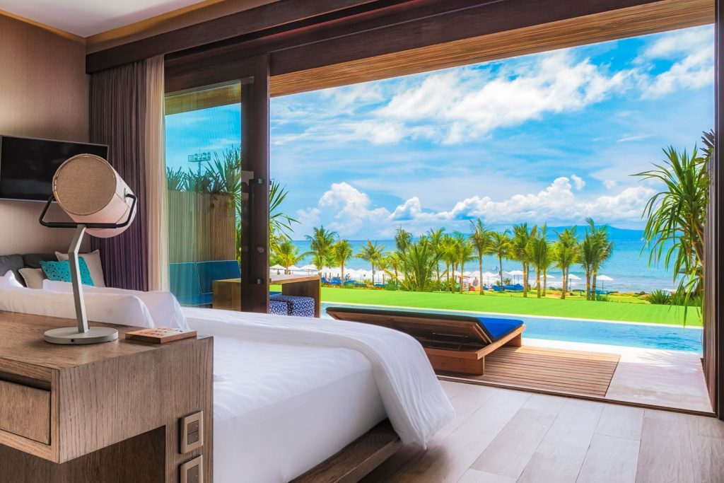 Komune's beachfront pool suite with an incredible view overlooking the Keramas surf break.