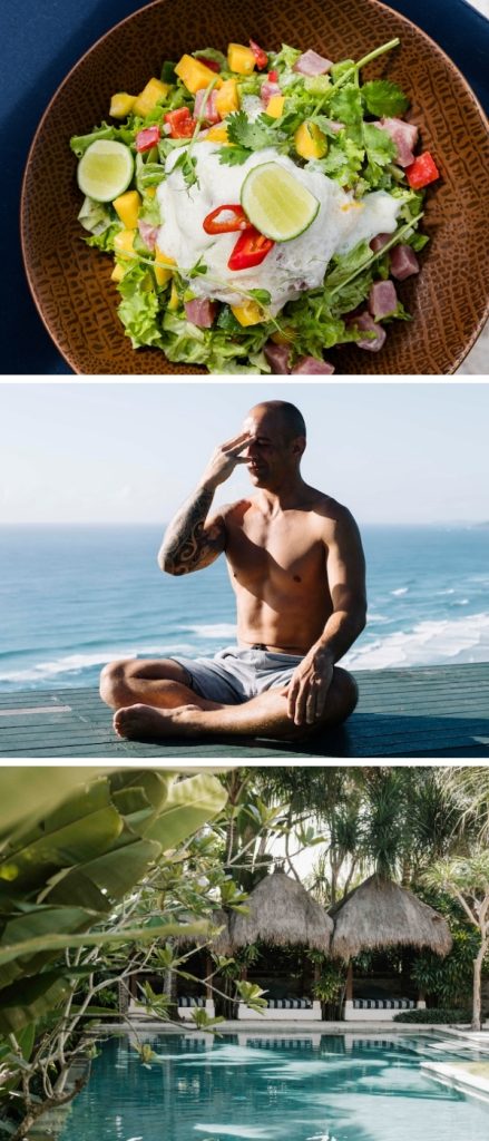 Three images feature Pro Coach, Rod, a healthy meal served at Hotel Komune, and the famous Health Hub pool surrounded by green foliage.